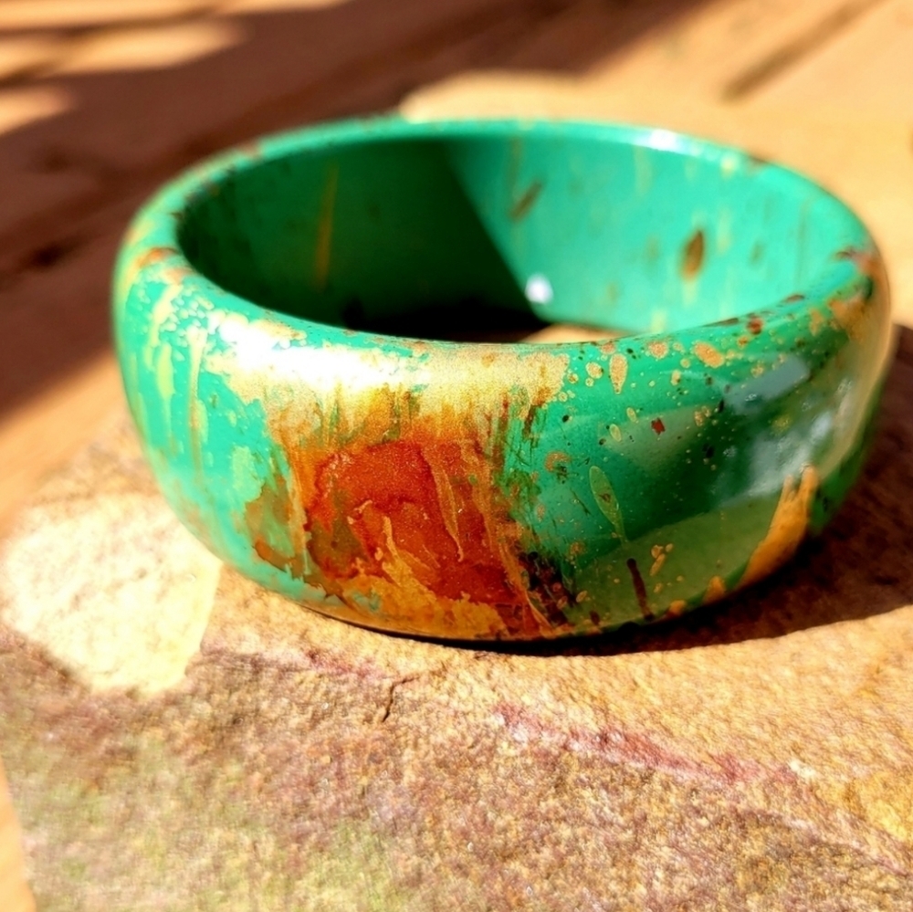 Vintage Handpainted Green Abstract Chunky Bangle Bracelet